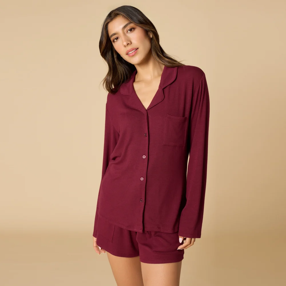 Aria - Slim Notch Collar Long Sleeve Short PJ Set - Image 6