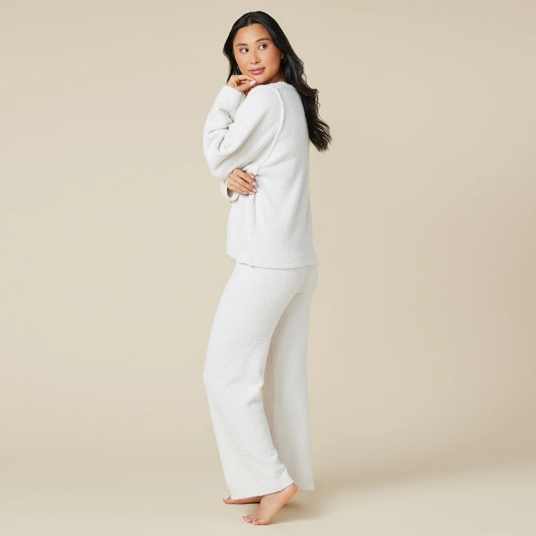Solid Marshmallow Reverse Seam Crew Neck Lounge Set with Bracelet Sleeve - Image 11
