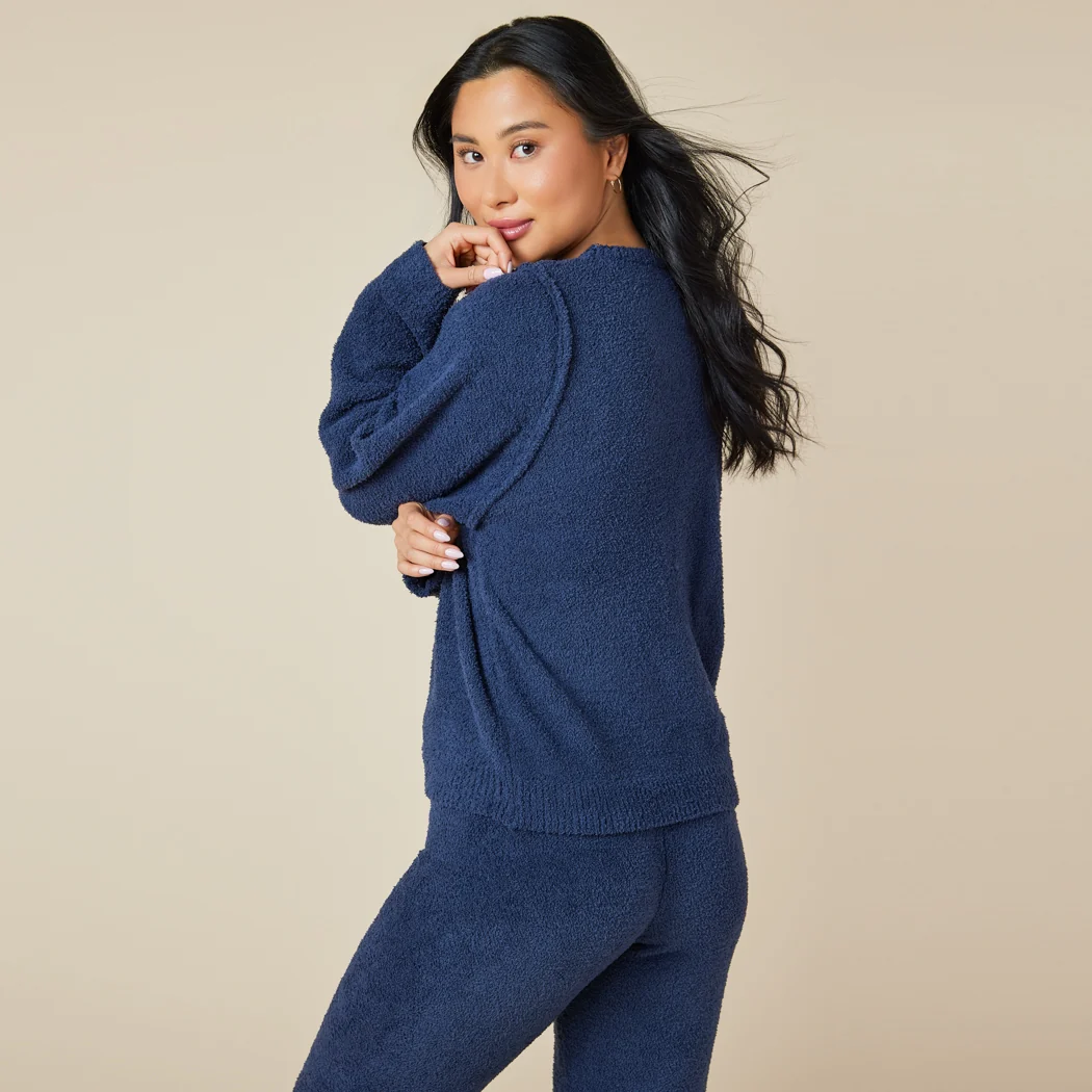 Solid Marshmallow Reverse Seam Crew Neck Lounge Set with Bracelet Sleeve - Image 16