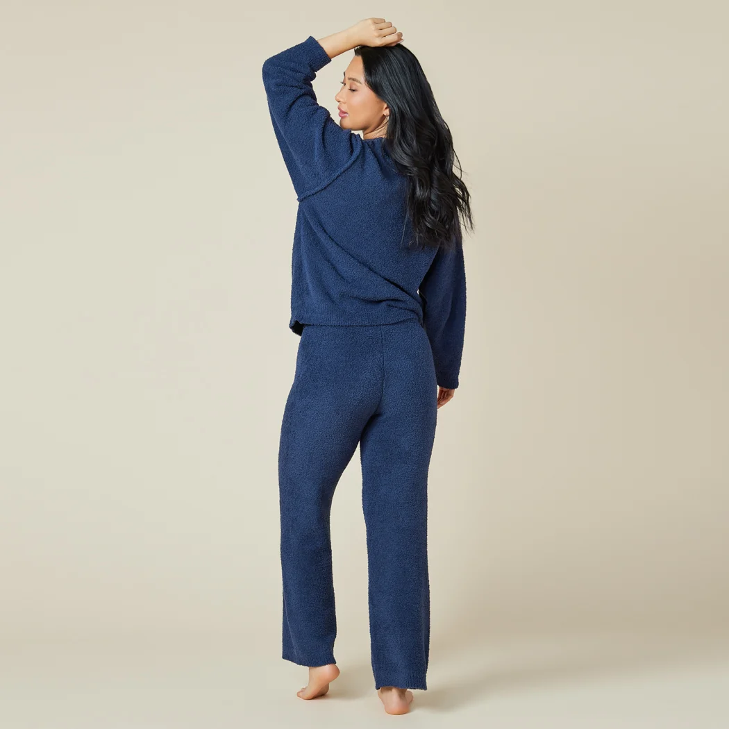 Solid Marshmallow Reverse Seam Crew Neck Lounge Set with Bracelet Sleeve - Image 17