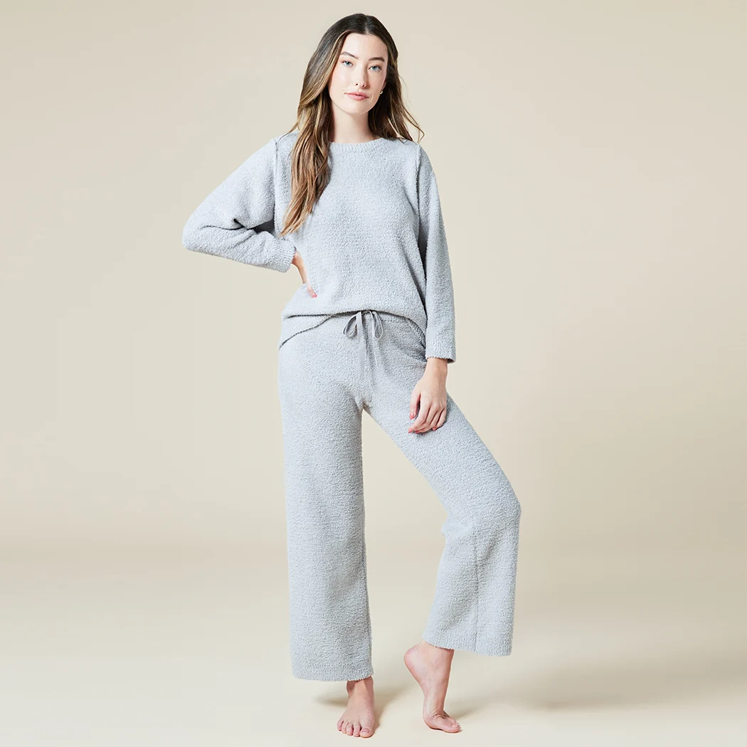 Solid Marshmallow Reverse Seam Crew Neck Lounge Set with Bracelet Sleeve - Image 18