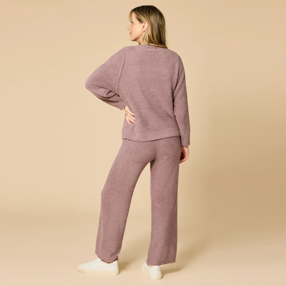 Solid Marshmallow Reverse Seam Crew Neck Lounge Set with Bracelet Sleeve - Image 25