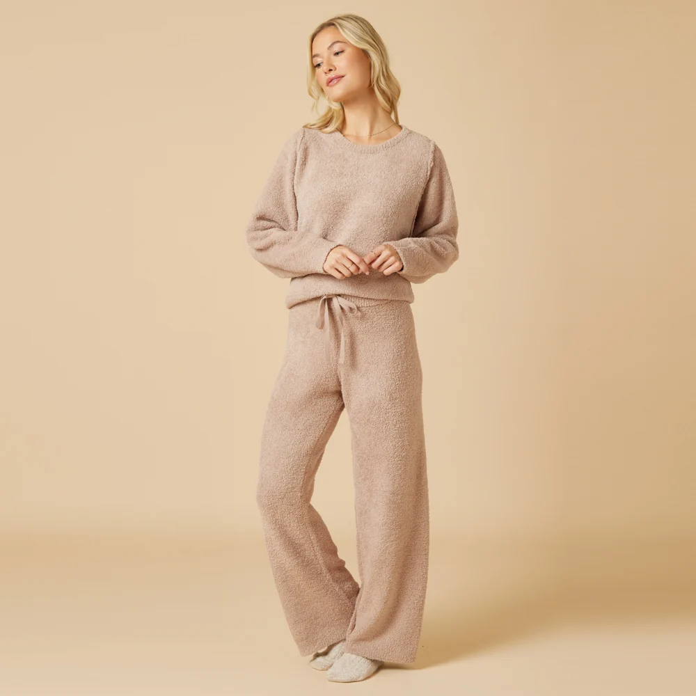 Solid Marshmallow Reverse Seam Crew Neck Lounge Set with Bracelet Sleeve - Image 33