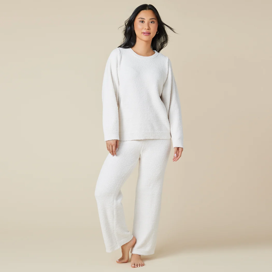 Solid Marshmallow Reverse Seam Crew Neck Lounge Set with Bracelet Sleeve - Image 8